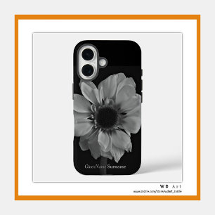 Coque iPhone 16 Nom personnalisé Fleur élégante noir et blanc