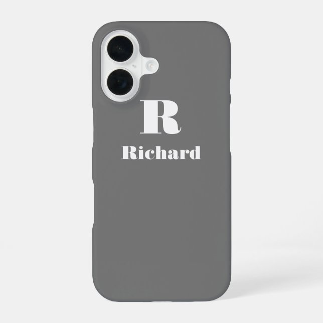 Coque iPhone 16 Nom personnalisé gris couleur solide initial (Verso)