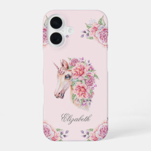 Coque iPhone 16 Nom personnalisé Licorne Fleurie Aquarelle Rustiqu