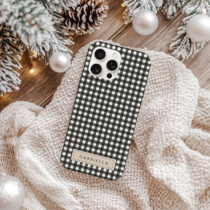 Coque iPhone 16 Nom personnalisé Noir Vintage En vichy Plaid Chic