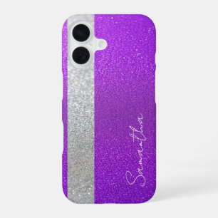 Coque iPhone 16 Nom personnalisé Parties scintillant violet et arg