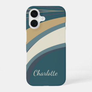 Coque iPhone 16 Nom personnalisé Teal Beige Rétro Courbes Abstrait