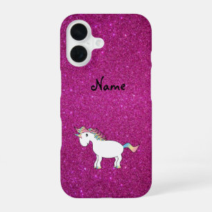 Coque iPhone 16 Nom personnalisé unicorn rose parties scintillant