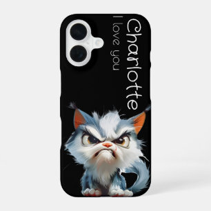 Coque iPhone 16 Noms de chats de dessin animé gris mignons en colè