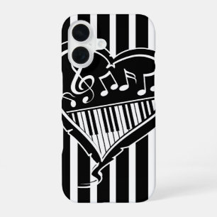 Coque iPhone 16 Notes de musique et piano noir et blanc élégants