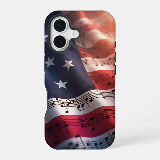 Coque iPhone 16 Notes de musique sur un drapeau américain (Verso)