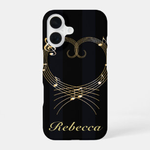 Coque iPhone 16 Notes musicales du coeur d'or personnalisées