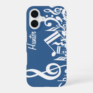 Coque iPhone 16 Notes musicales personnalisées sur le bleu