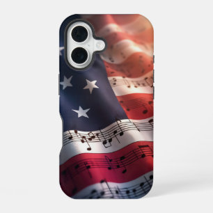 Coque iPhone 16 Notes musicales sur un drapeau américain