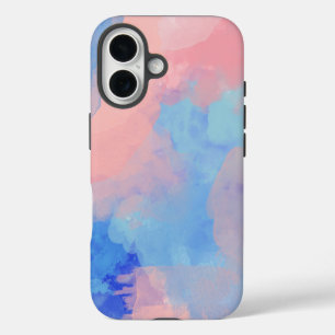 Coque iPhone 16 Nuages Abstrait Rêveur Aquarelle en Bleu et Rose