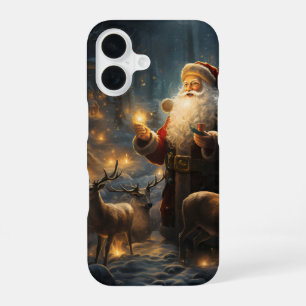 Coque iPhone 16 Nuit de Noël de Santa sous la forêt enneigée