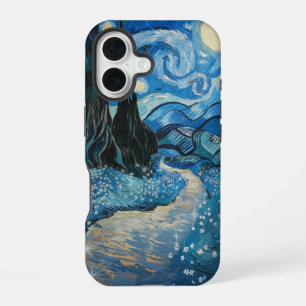 Coque iPhone 16 Nuit étoilée en fleurs