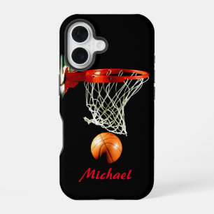 Coque iPhone 16 Œuvre d'art de basketball Votre nom Noir Blanc Rou