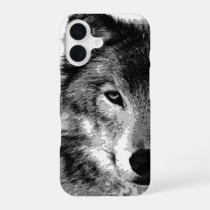 Coque iPhone 16 Œuvre d'art Loup Noir & Blanc