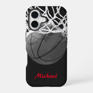 Coque iPhone 16 Œuvres d'art de basketball Votre nom Noir Blanc Ro