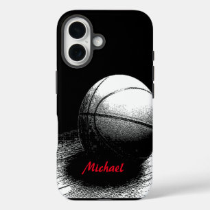 Coque iPhone 16 Œuvres d'art de basketball Votre nom Noir Blanc Ro