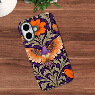 Coque iPhone 16 Oiseaux botaniques vintage en orange et violet