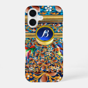 COQUE iPhone 16 OISEAUX COLORÉS, FLORAUX SWIRLS BLEU GEM MONOGRAM