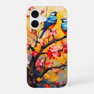 Coque iPhone 16 Oiseaux de printemps colorés en fleurs