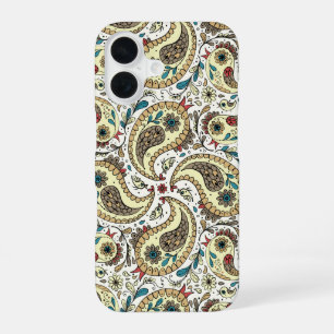 Coque iPhone 16 Oiseaux Paisley jaune/marron et blanc