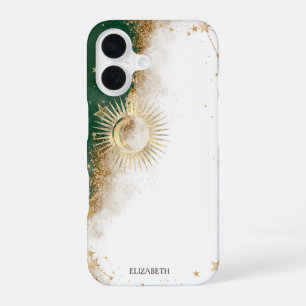 Coque iPhone 16 Or céleste Soleil Et Lune Étoiles Vert