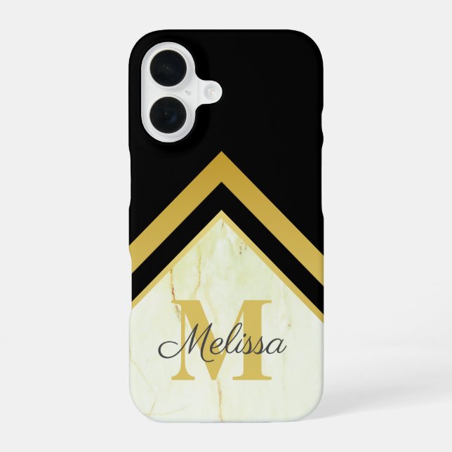 Coque iPhone 16 Or Monogramme Géométrique Marbre Noir (Verso)