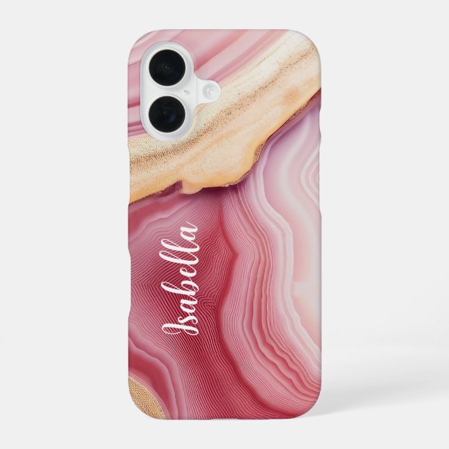 Coque iPhone 16 Or rose Agate Moderne Chic Nom (Verso)