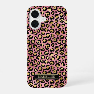 Coque iPhone 16 Or Rose Gold Feuille Imprimé Léopard Monogrammé