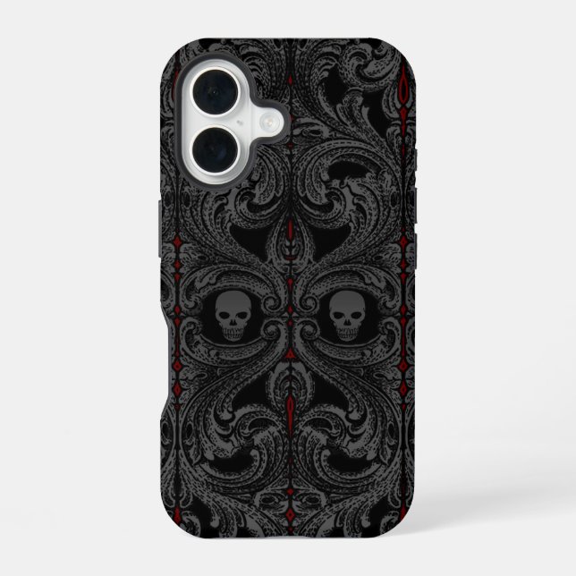 Coque iPhone 16 Ornement Goth Grey avec crâne (Verso)