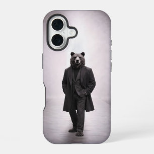 Coque iPhone 16 Ours élégant en portrait de costume sombre classiq