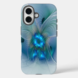 Coque iPhone 16 Ovations debout, fractale abstraite bleu turquoise