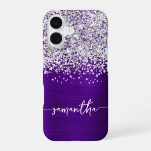 Coque iPhone 16 Pailleté Argent Paillettes Indigo Violet Glam Nom