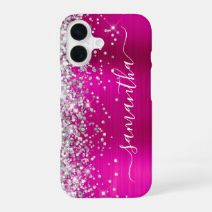 Coque iPhone 16 Pailleté Argent Signature Rose Chaude Métallisé Fé