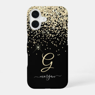 Coque iPhone 16 Paillettes dorées et monogramme Nom en écriture bl