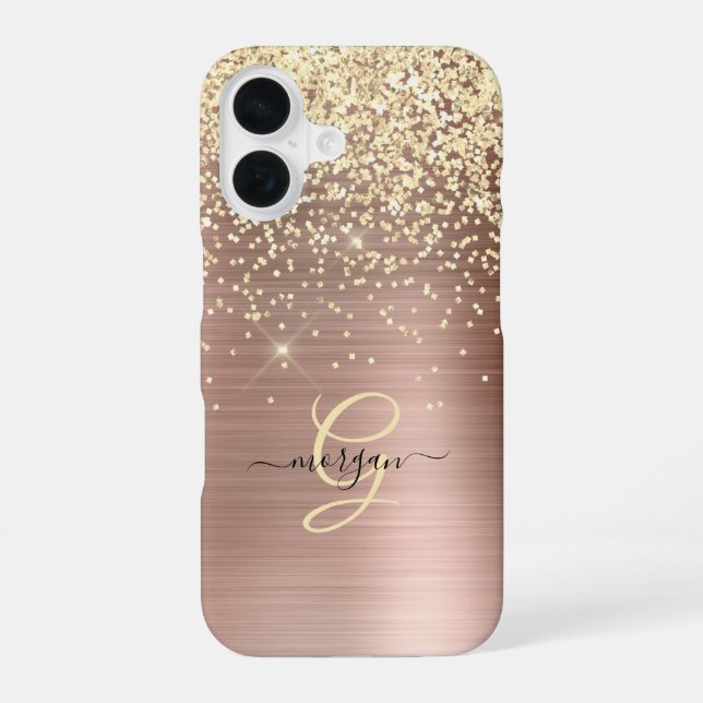 Coque iPhone 16 Paillettes dorées, monogramme doré, nom en script  (Verso)