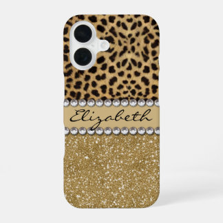 Coque iPhone 16 Paillettes Or Tache de Léopard Rhinestone