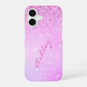 Coque iPhone 16 Paillettes violettes et étoiles blanches, nom de s