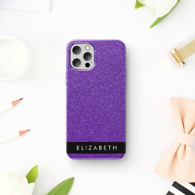 Coque iPhone 16 Paillettes violettes, Fond Pailleté, Votre Nom (Créateur téléchargé)