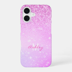 Coque iPhone 16 Paillettes violettes, nom et monogramme en écritur