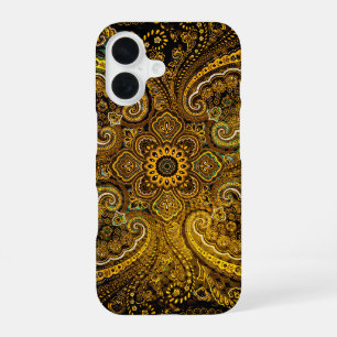 Coque iPhone 16 Paisley doré magique sur fond noir
