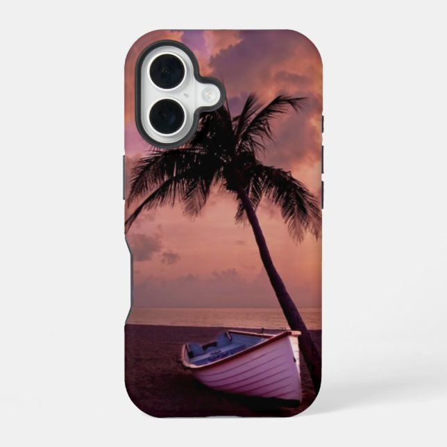 Coque iPhone 16 Palm Tree and Boat Beach Sunset (Verso)