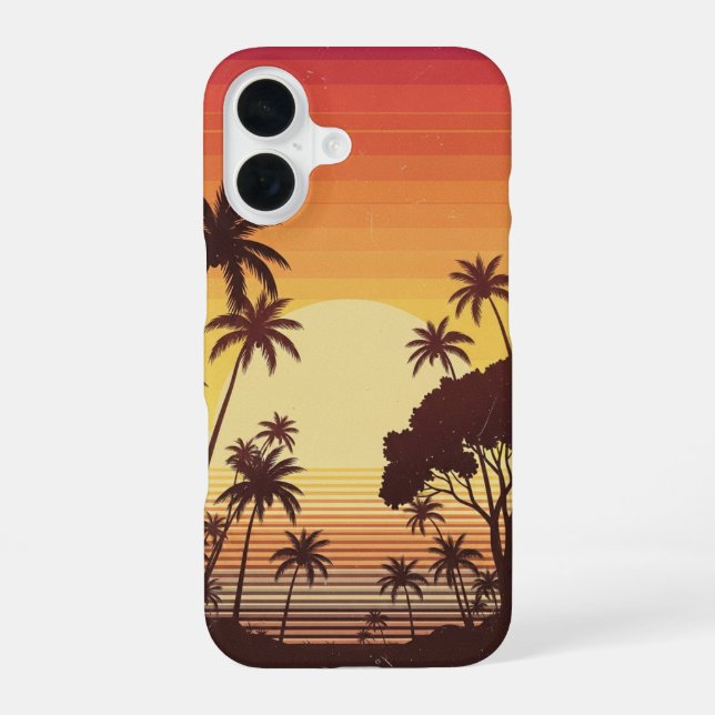 Coque iPhone 16 Palmiers Coucher de Soleil Rétro Lignes (Verso)