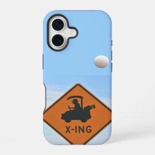 Coque iPhone 16 Panneau de passage de voiturette de golf, balle de