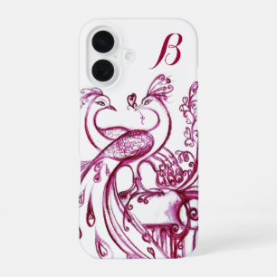 Coque iPhone 16 PAONS AMOUREUX MONOGRAMME Rouge et Blanc