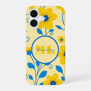 Coque iPhone 16 Papier Monogram Jaune Beurre et Fleurs Bleues