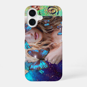 COQUE iPhone 16 PAPIER MONOGRAMME PAPILLON BLEU AVEC PAILLETTES VE