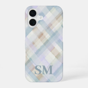 Coque iPhone 16 Papier peint à carreaux pastel Monogram bleu lilas