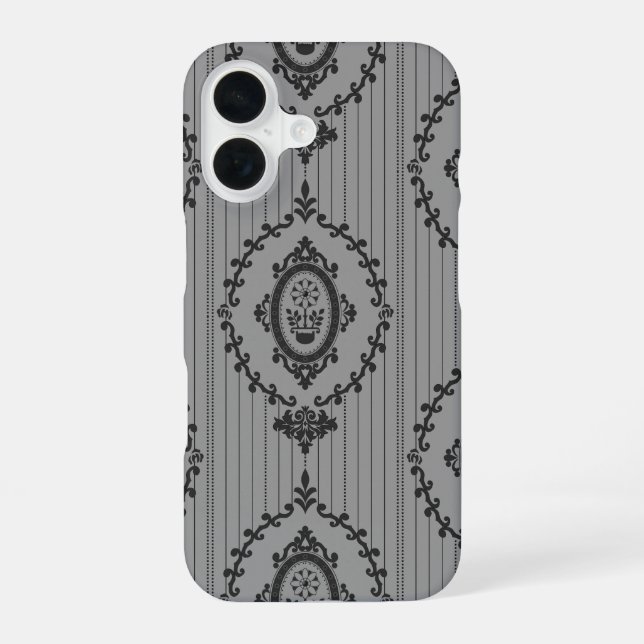 Coque iPhone 16 Papier peint baroque gris (Verso)