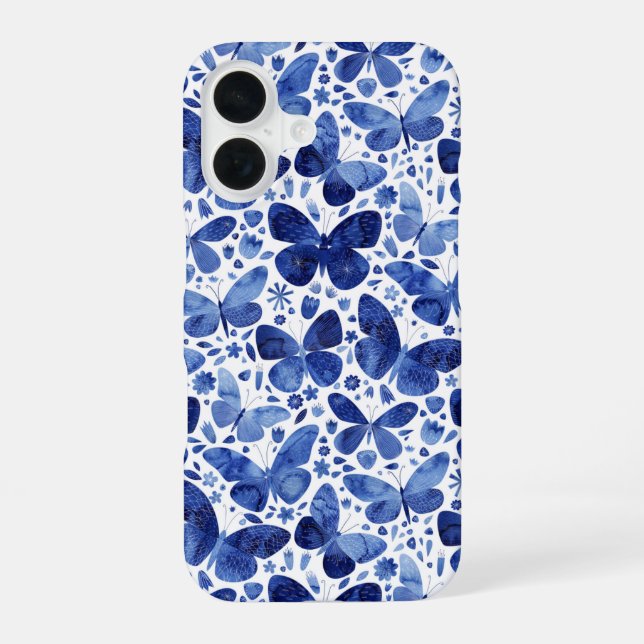 Coque iPhone 16 Papillon Aquarelle Motif Bleu (Verso)