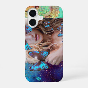 COQUE iPhone 16 PAPILLON BLEU AVEC PAILLETTES VERTES DORÉES